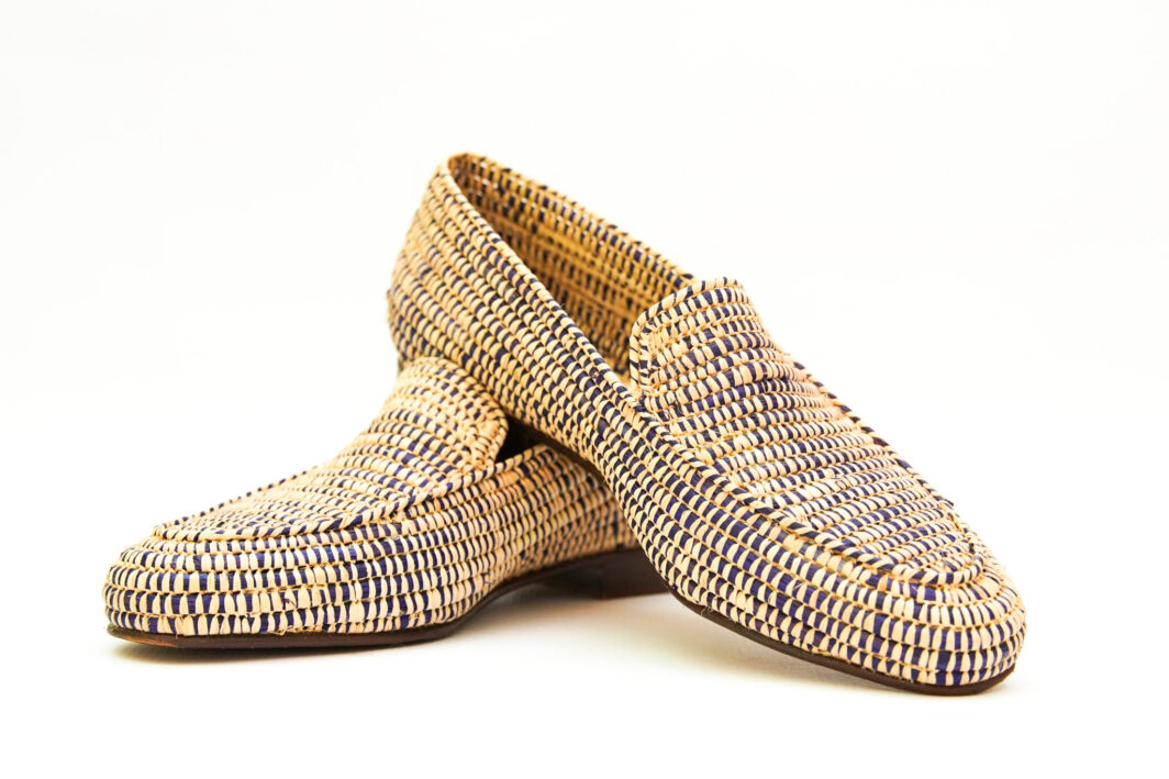 Handmade Moroccan Men’s Loafers – Purple and Beige Woven Design