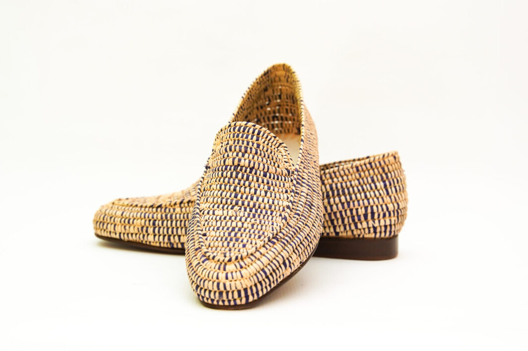 Handmade Moroccan Men’s Loafers – Purple and Beige Woven Design