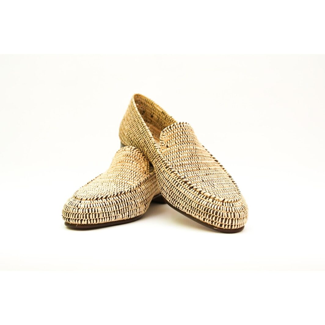 Handmade Moroccan Men’s Loafers – Black and Beige Woven Design with Leather Lining