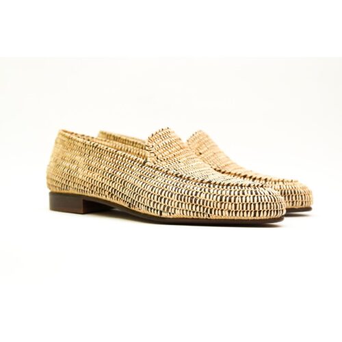 Handmade Moroccan Men’s Loafers – Black and Beige Woven Design with Leather Lining
