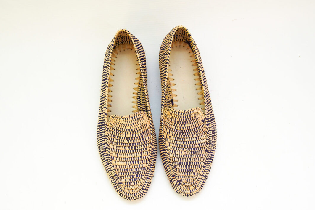 Handmade Moroccan Men’s Loafers – Purple and Beige Woven Design