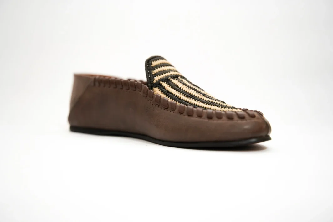 Handcrafted Moroccan Berber Moccasins – Brown with Woven Stripes