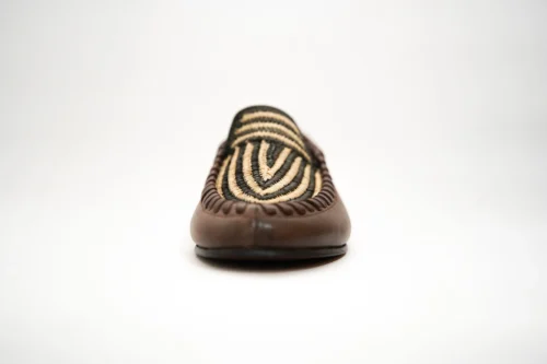 Handcrafted Moroccan Berber Moccasins – Brown with Woven Stripes