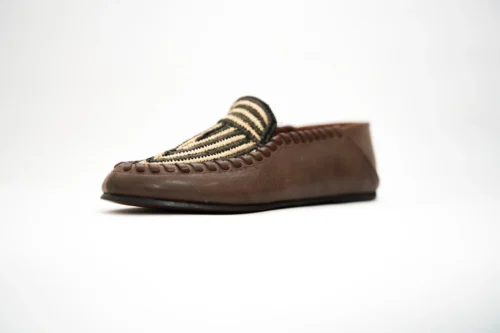 Handcrafted Moroccan Berber Moccasins – Brown with Woven Stripes