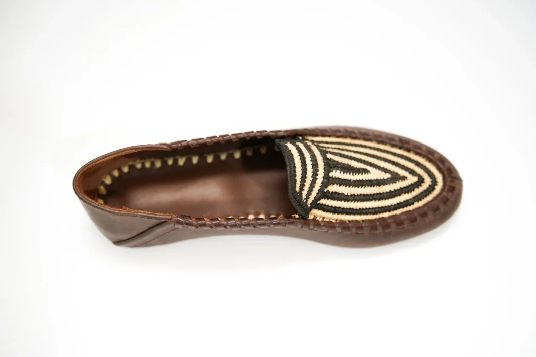 Handcrafted Moroccan Berber Moccasins – Brown with Woven Stripes