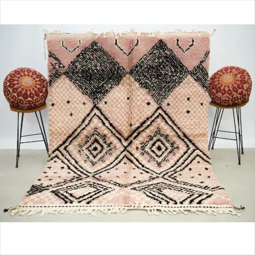 Handwoven Moroccan Wool Rug in Soft Pink and Black Diamond Pattern