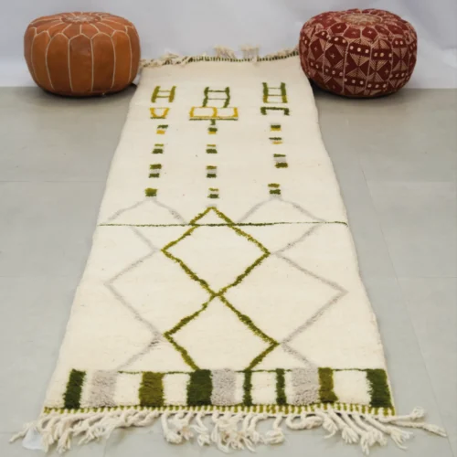 Authentic Moroccan Wool Runner Rug with Green Geometric Design