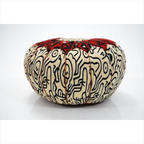 Red and Black Handcrafted Pouf with Tribal Design