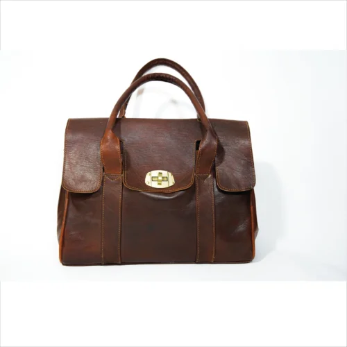 Elegant Brown Leather Handbag with Gold Accent