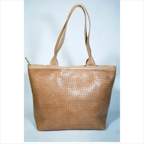 Handcrafted Beige Leather Tote Bag with Woven Pattern