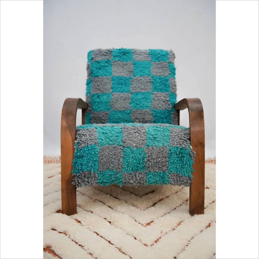 Fauteuil tissé à la main en damier turquoise et gris