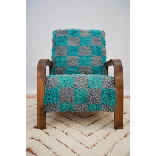 Turquoise and Gray Checkered Handwoven Armchair
