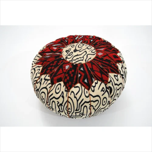 Red and Black Handcrafted Pouf with Tribal Design