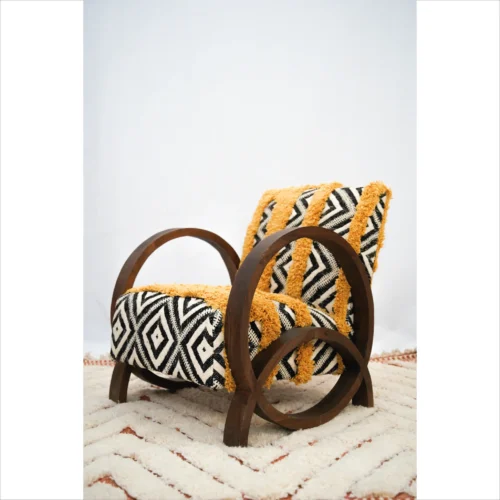 Handcrafted Moroccan Boucle Armchair with Chevron Design and Yellow Accents