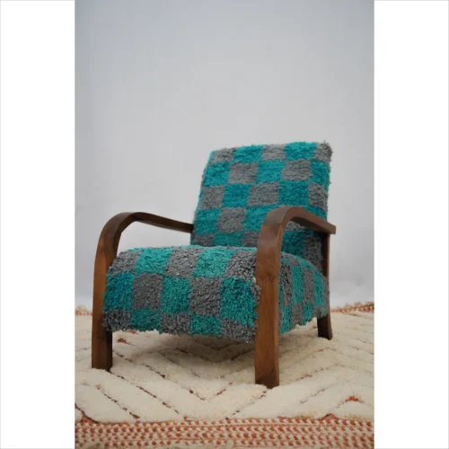 Turquoise and Gray Checkered Handwoven Armchair
