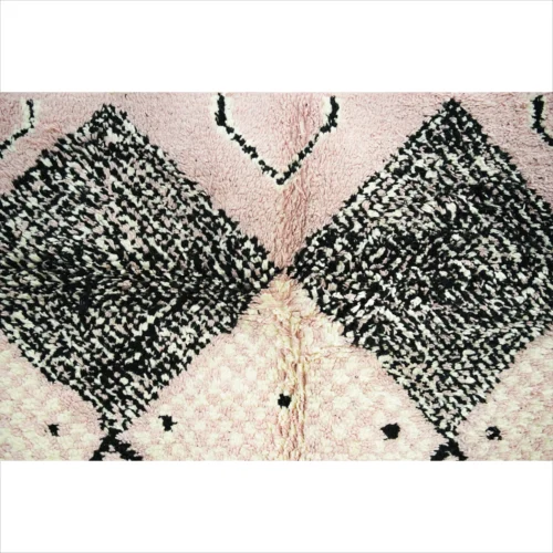 Handwoven Moroccan Wool Rug in Soft Pink and Black Diamond Pattern
