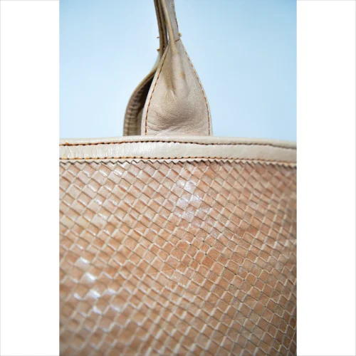 Handcrafted Beige Leather Tote Bag with Woven Pattern