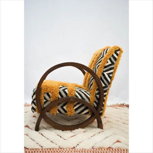 Handcrafted Moroccan Boucle Armchair with Chevron Design and Yellow Accents
