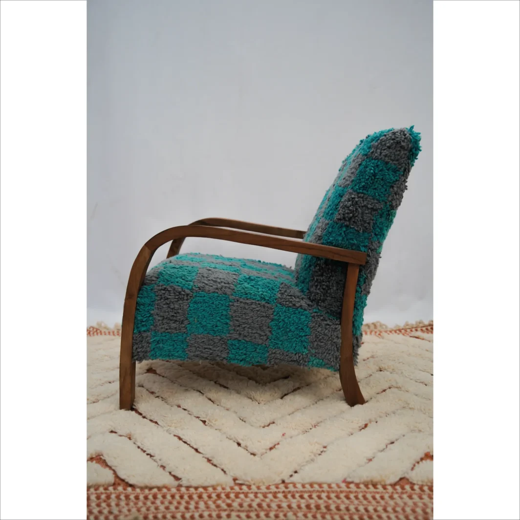 Fauteuil tissé à la main en damier turquoise et gris