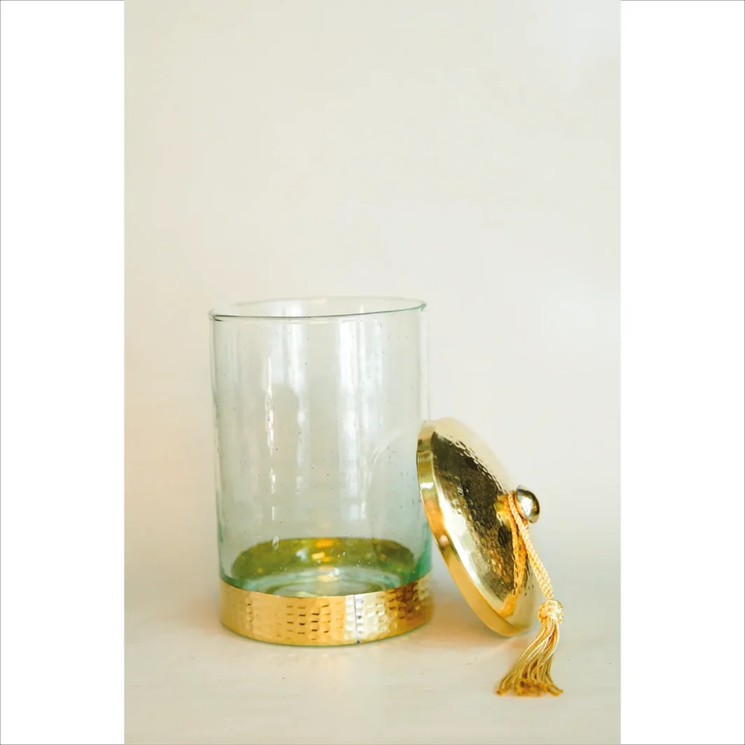 Moroccan Glass Candle Holder with Brass Lid – Elegant and Timeless