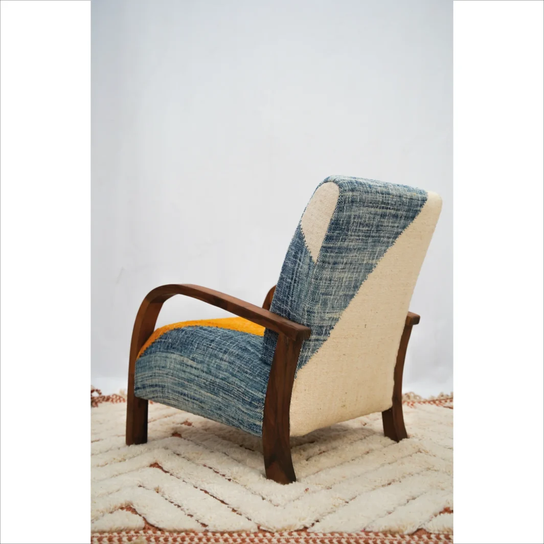 Sillón artesanal marroquí de kilim y lana - Armonía naranja y azul