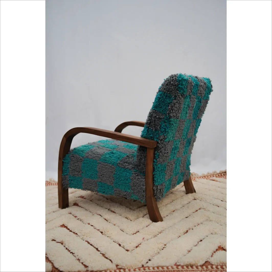 Fauteuil tissé à la main en damier turquoise et gris