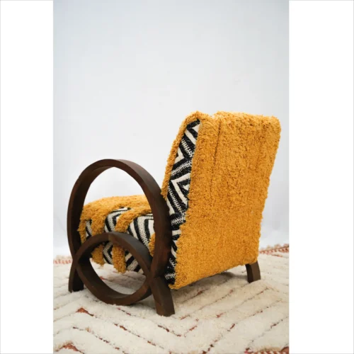 Handcrafted Moroccan Boucle Armchair with Chevron Design and Yellow Accents
