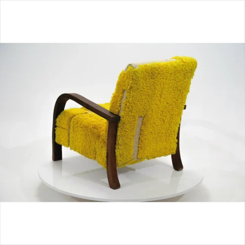 Vibrant Yellow Wool Berber Armchair with Walnut Wood Frame