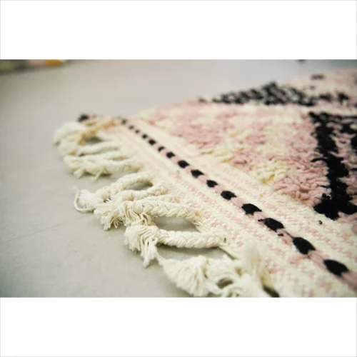 Handwoven Moroccan Wool Rug in Soft Pink and Black Diamond Pattern