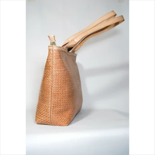 Handcrafted Beige Leather Tote Bag with Woven Pattern