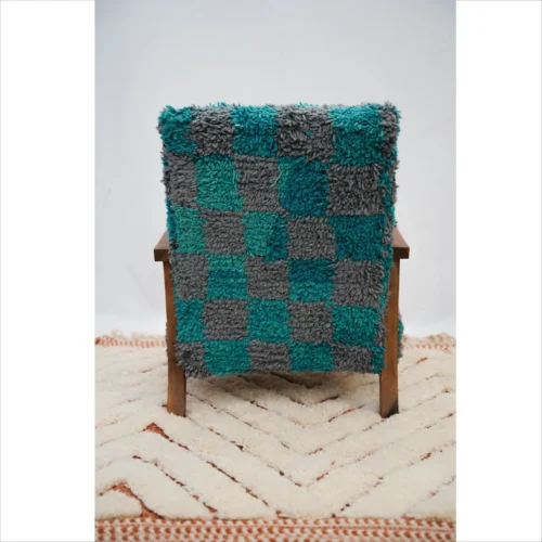 Turquoise and Gray Checkered Handwoven Armchair