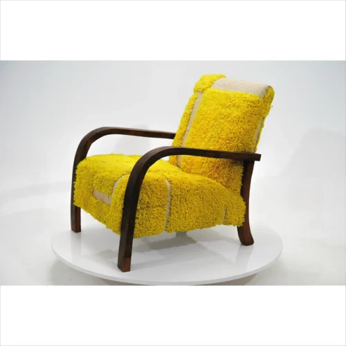 Vibrant Yellow Wool Berber Armchair with Walnut Wood Frame