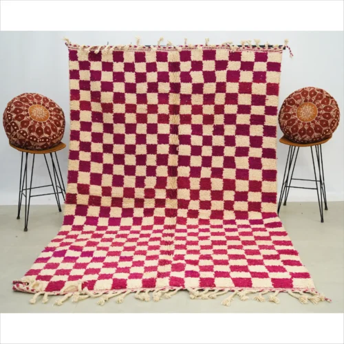 Bold Checkered Moroccan Wool Rug in Magenta and Ivory