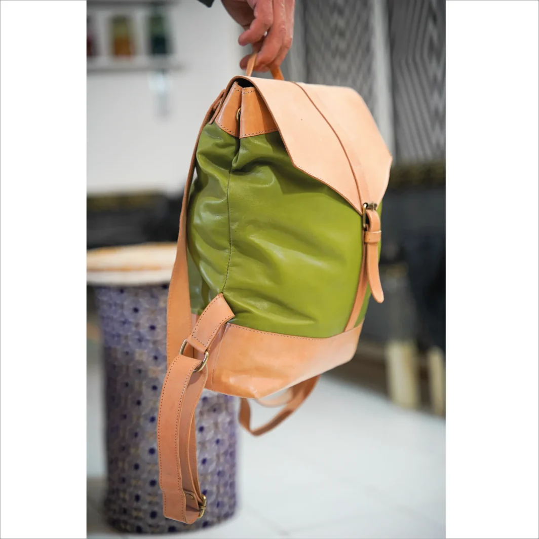 Sac à dos stylé en cuir bicolore - vert et beige