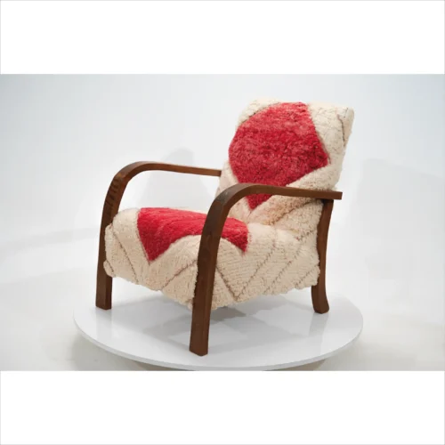 Handmade Moroccan Chair with Red and Cream Wool Upholstery