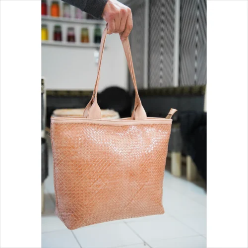 Handcrafted Beige Leather Tote Bag with Woven Pattern