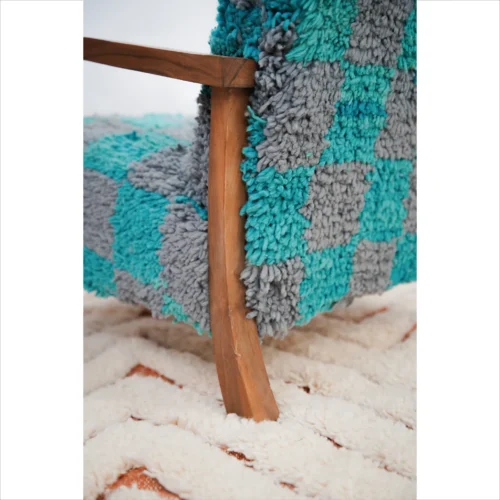 Turquoise and Gray Checkered Handwoven Armchair
