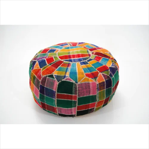 Multicolor Patchwork Pouf - Handmade Upholstery with Leather Base