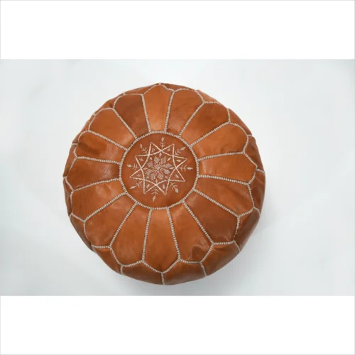 Classic Brown Leather Pouf with Embroidered Details