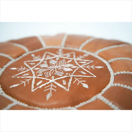 Classic Brown Leather Pouf with Embroidered Details