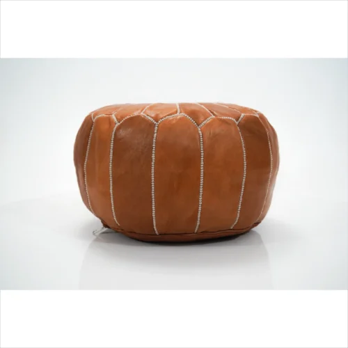 Classic Brown Leather Pouf with Embroidered Details