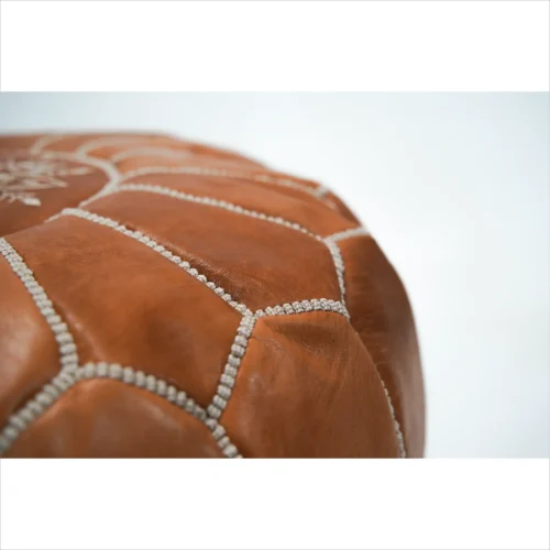 Classic Brown Leather Pouf with Embroidered Details