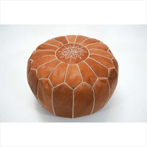 Classic Brown Leather Pouf with Embroidered Details