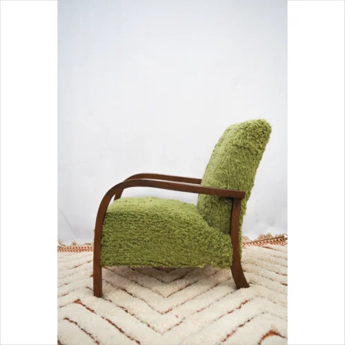 Elegant Handmade Green Wool Armchair with Solid Wood Frame
