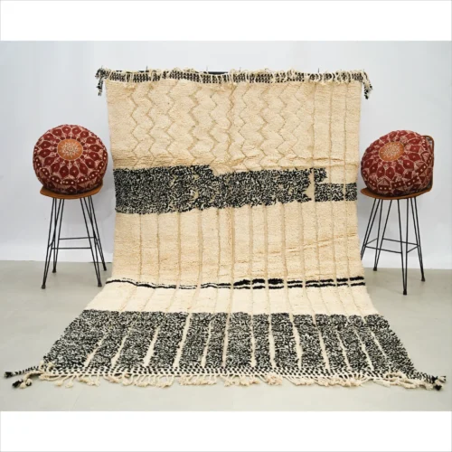 Handwoven Moroccan Wool Rug – Black and Cream with Textured Patterns
